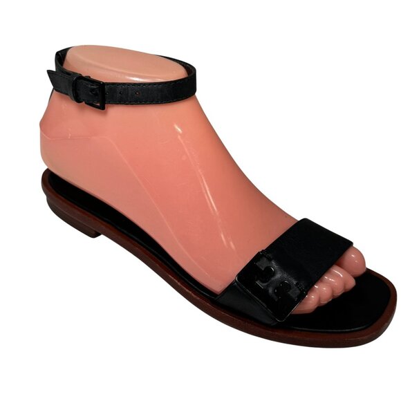 Tory Burch Gabrielle Flat Ankle Strap Sandals Black Logo Women's 6 M - Picture 1 of 7